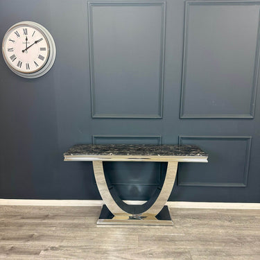 Arial Console Table - Luxurious Marble or Glass Top with Polished Stainless Steel Base - 140cm Wide - UK Luxury Furniture